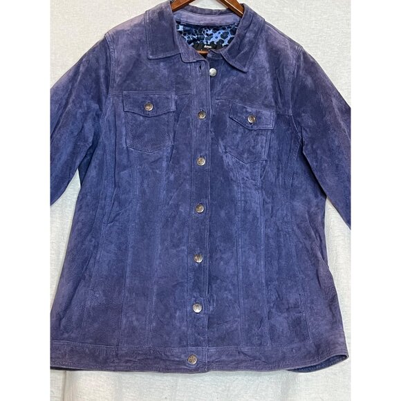 Dennis Basso Women Leather Jacket Large Purple-Blue Button Long Sleeve Pockets - Picture 2 of 12